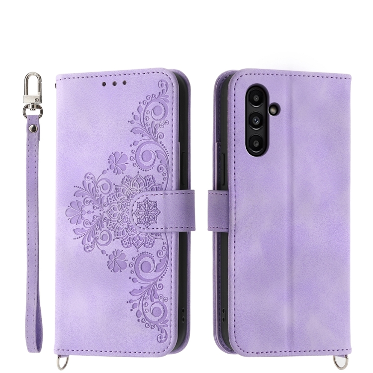 

For Samsung Galaxy A15 Skin-feel Flowers Embossed Wallet Leather Phone Case(Purple)