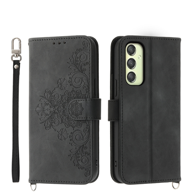 

For Samsung Galaxy A25 5G Global Skin-feel Flowers Embossed Wallet Leather Phone Case(Black)