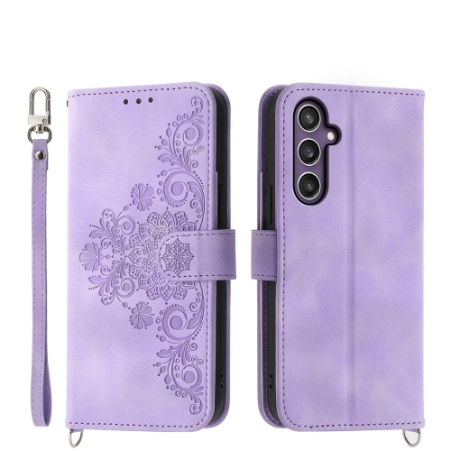

For Samsung Galaxy S24 5G Skin-feel Flowers Embossed Wallet Leather Phone Case(Purple)