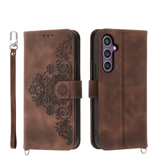 

For Samsung Galaxy S24 5G Skin-feel Flowers Embossed Wallet Leather Phone Case(Brown)