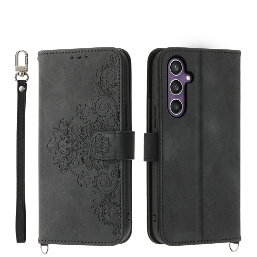 

For Samsung Galaxy S24 5G Skin-feel Flowers Embossed Wallet Leather Phone Case(Black)