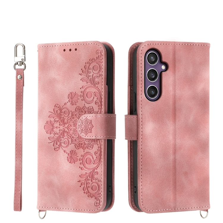 

For Samsung Galaxy S24+ 5G Skin-feel Flowers Embossed Wallet Leather Phone Case(Pink)