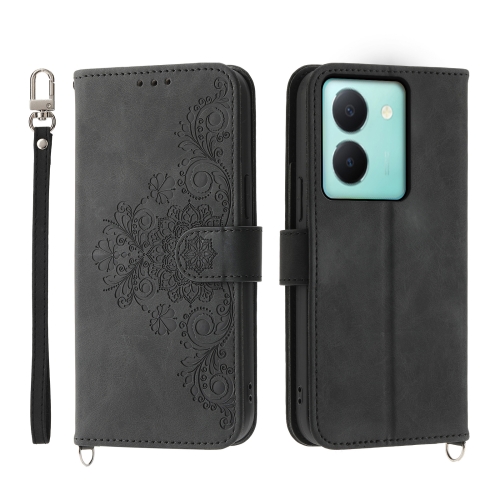 

For vivo Y36 Skin-feel Flowers Embossed Wallet Leather Phone Case(Black)