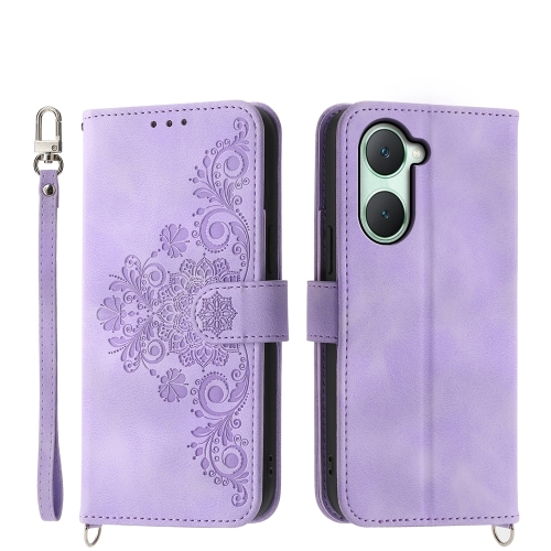 For vivo Y03 Skin-feel Flowers Embossed Wallet Leather Phone Case(Purple)