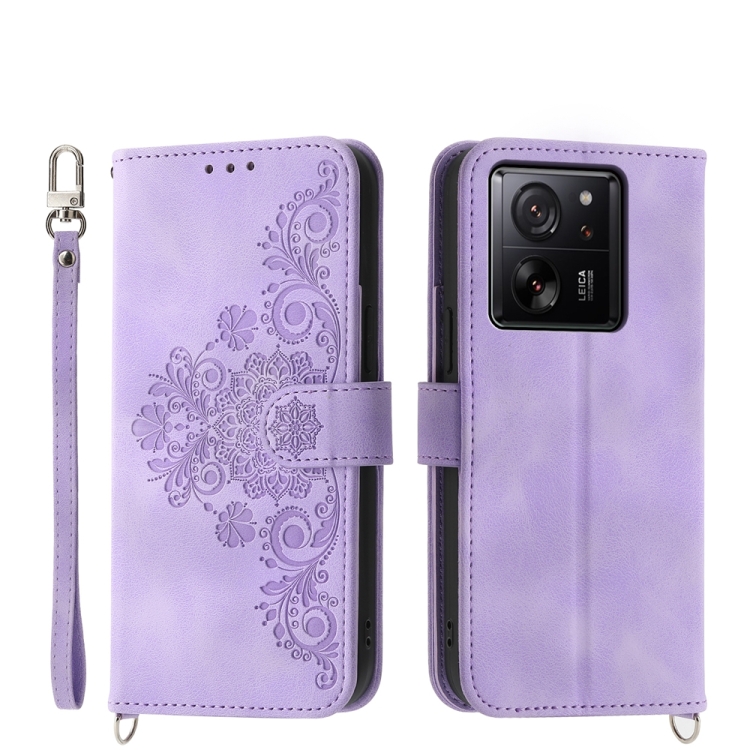 

For Xiaomi 13T Skin-feel Flowers Embossed Wallet Leather Phone Case(Purple)