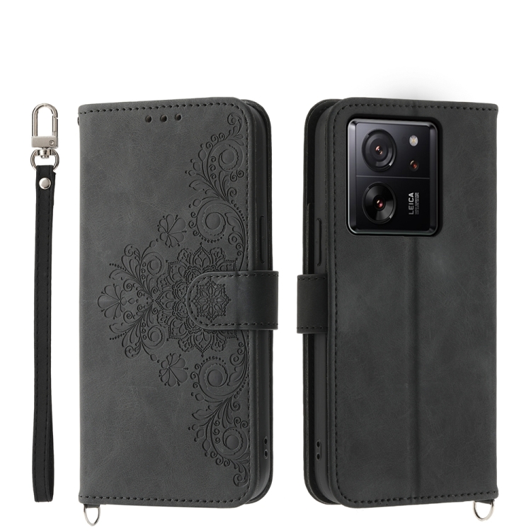 

For Xiaomi 13T Skin-feel Flowers Embossed Wallet Leather Phone Case(Black)