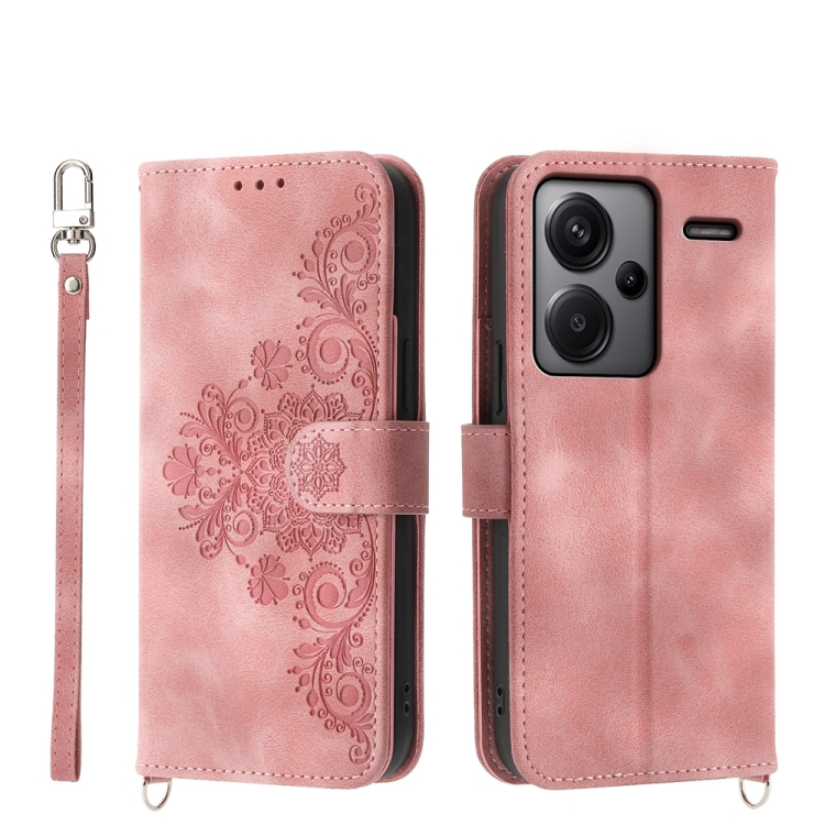 

For Xiaomi Redmi Note 13 Pro+ Skin-feel Flowers Embossed Wallet Leather Phone Case(Pink)