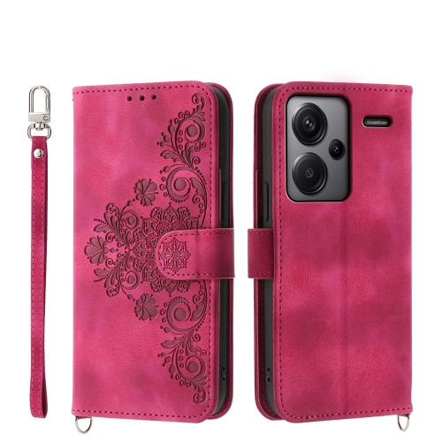 

For Xiaomi Redmi Note 13 Pro+ Skin-feel Flowers Embossed Wallet Leather Phone Case(Wine Red)