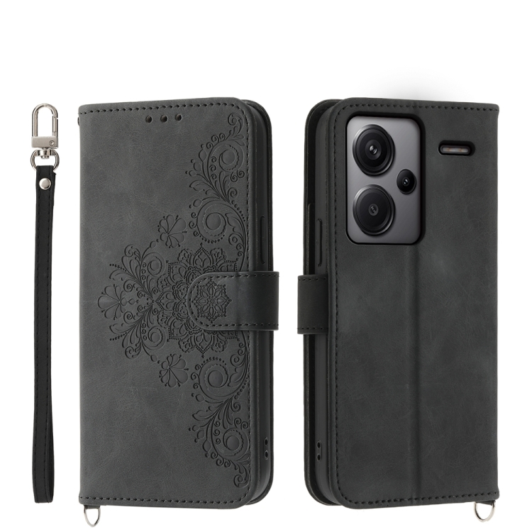 

For Xiaomi Redmi Note 13 Pro+ Skin-feel Flowers Embossed Wallet Leather Phone Case(Black)