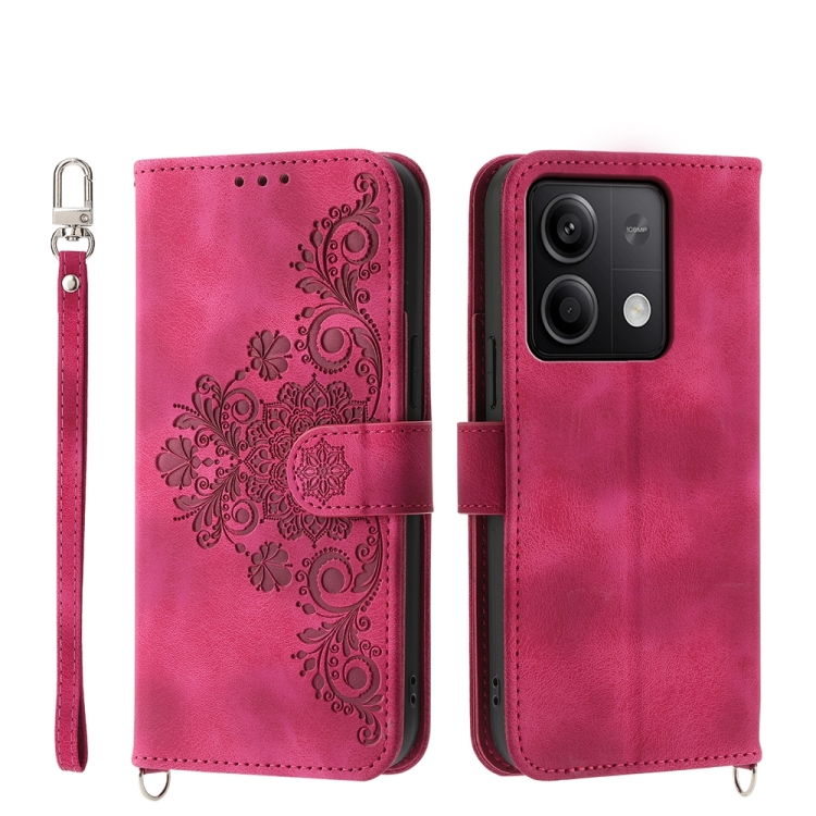 

For Xiaomi Redmi Note 13 5G Skin-feel Flowers Embossed Wallet Leather Phone Case(Wine Red)