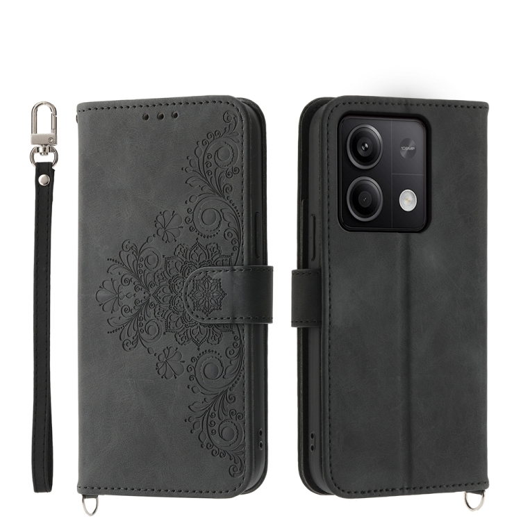 

For Xiaomi Redmi Note 13 5G Skin-feel Flowers Embossed Wallet Leather Phone Case(Black)
