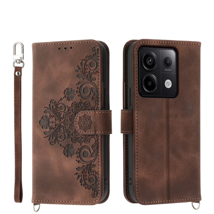 

For Xiaomi Redmi Note 13 Pro 5G Skin-feel Flowers Embossed Wallet Leather Phone Case(Brown)