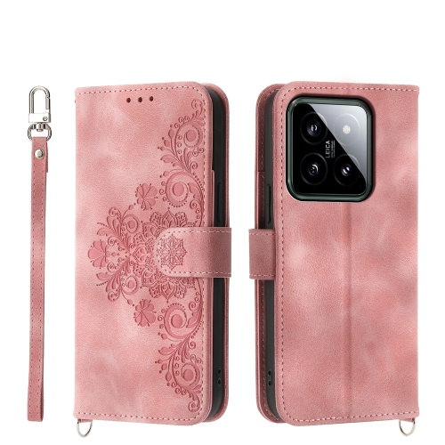 

For Xiaomi 14 Skin-feel Flowers Embossed Wallet Leather Phone Case(Pink)