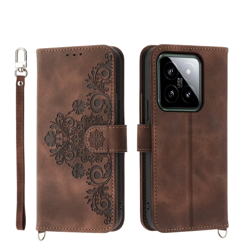 

For Xiaomi 14 Skin-feel Flowers Embossed Wallet Leather Phone Case(Brown)