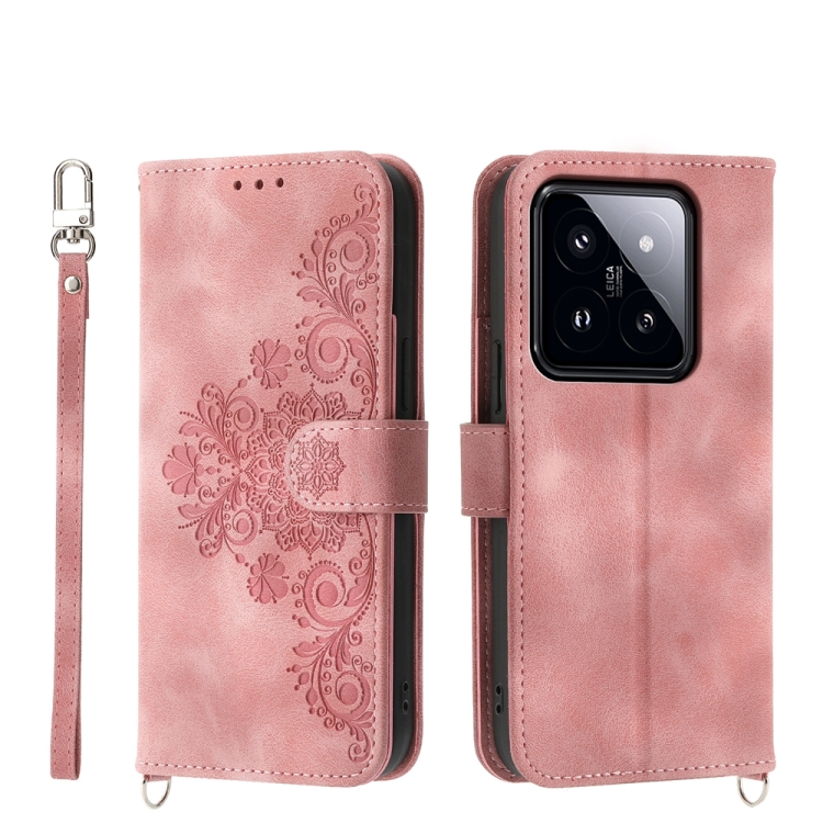 

For Xiaomi 14 Pro Skin-feel Flowers Embossed Wallet Leather Phone Case(Pink)