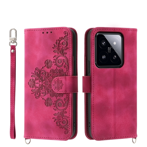 

For Xiaomi 14 Pro Skin-feel Flowers Embossed Wallet Leather Phone Case(Wine Red)