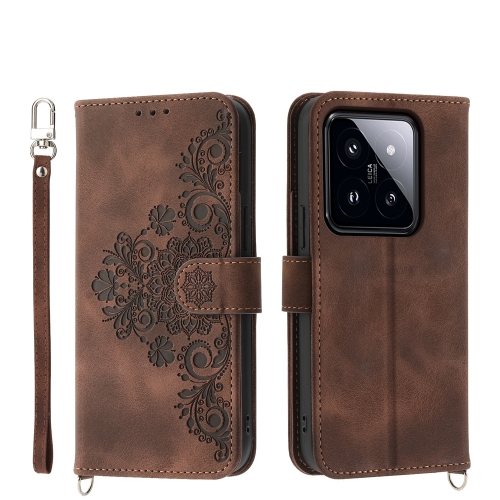 

For Xiaomi 14 Pro Skin-feel Flowers Embossed Wallet Leather Phone Case(Brown)