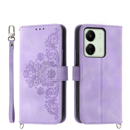 

For Xiaomi Redmi 13C Skin-feel Flowers Embossed Wallet Leather Phone Case(Purple)