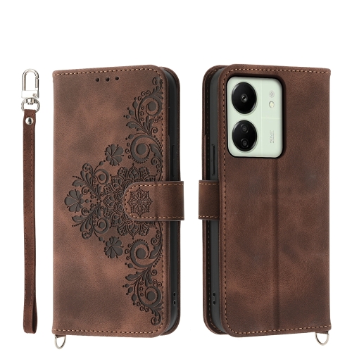 

For Xiaomi Redmi 13C Skin-feel Flowers Embossed Wallet Leather Phone Case(Brown)