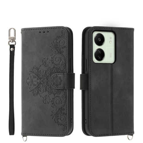 

For Xiaomi Redmi 13C Skin-feel Flowers Embossed Wallet Leather Phone Case(Black)