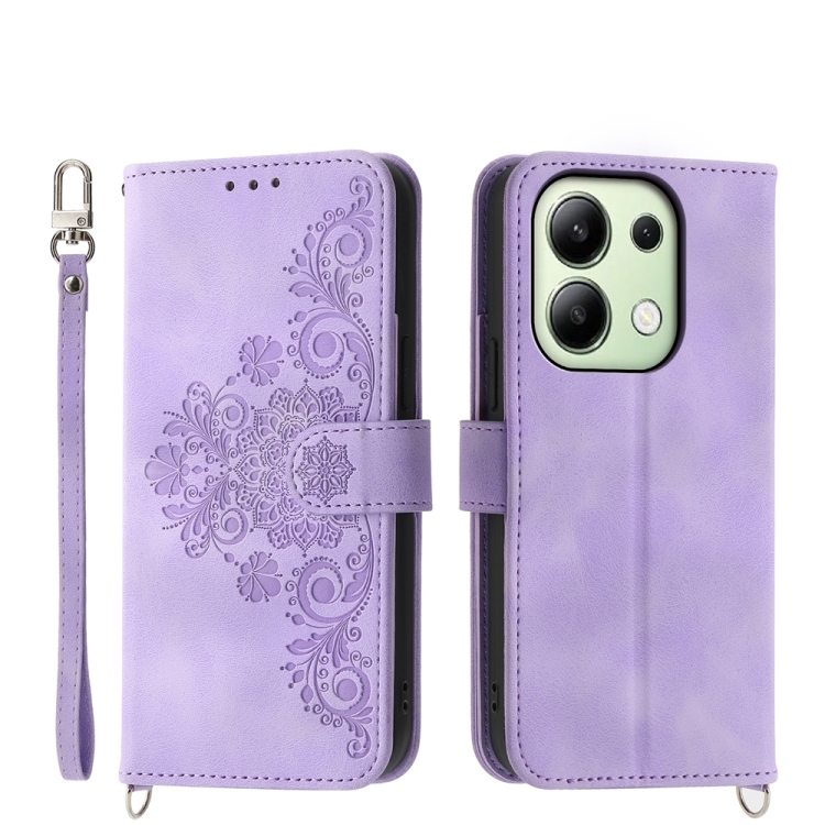 

For Xiaomi Redmi Note 13 4G Skin-feel Flowers Embossed Wallet Leather Phone Case(Purple)