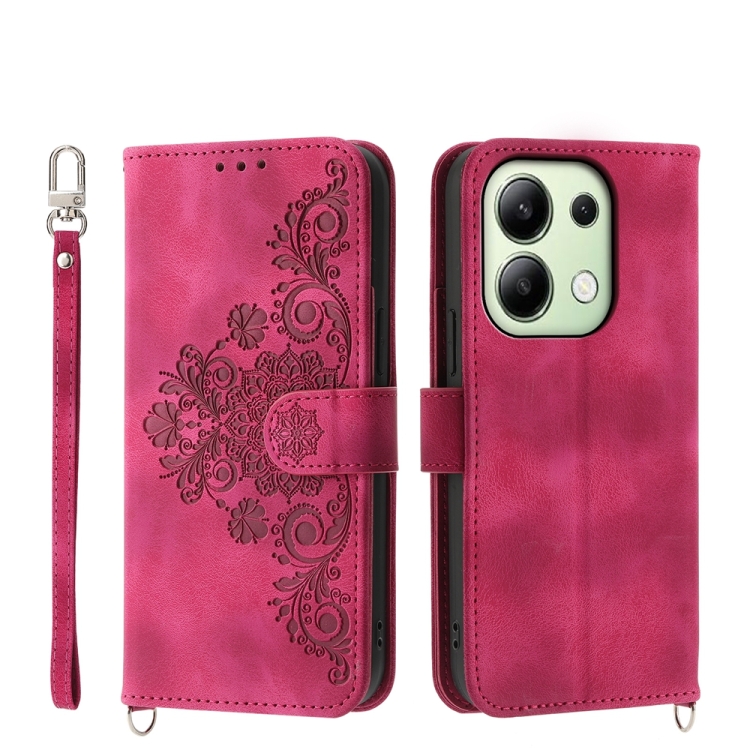 

For Xiaomi Redmi Note 13 4G Skin-feel Flowers Embossed Wallet Leather Phone Case(Wine Red)