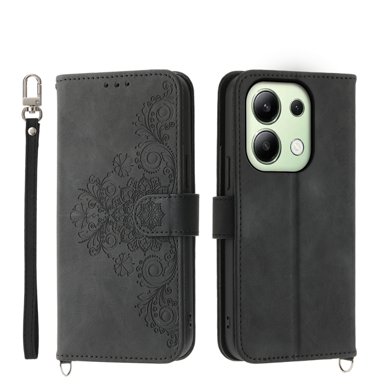 

For Xiaomi Redmi Note 13 4G Skin-feel Flowers Embossed Wallet Leather Phone Case(Black)