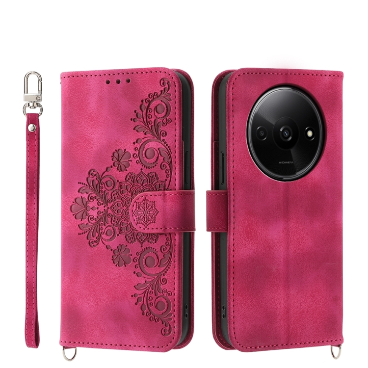 

For Xiaomi Redmi A3 Skin-feel Flowers Embossed Wallet Leather Phone Case(Wine Red)