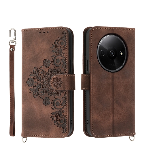 

For Xiaomi Redmi A3 Skin-feel Flowers Embossed Wallet Leather Phone Case(Brown)