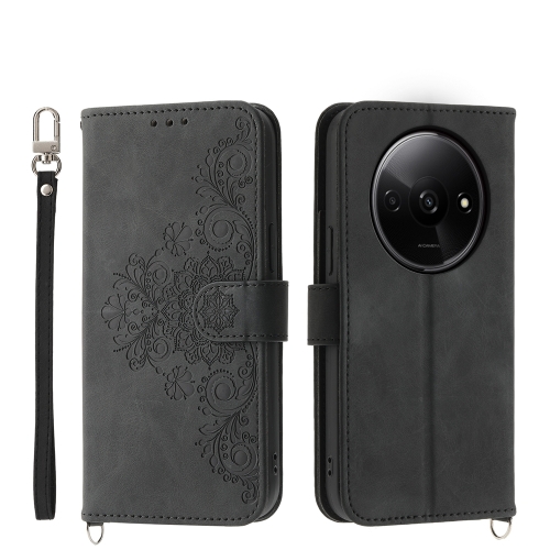 

For Xiaomi Redmi A3 Skin-feel Flowers Embossed Wallet Leather Phone Case(Black)