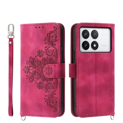 

For Xiaomi Poco X6 Pro 5G Skin-feel Flowers Embossed Wallet Leather Phone Case(Wine Red)