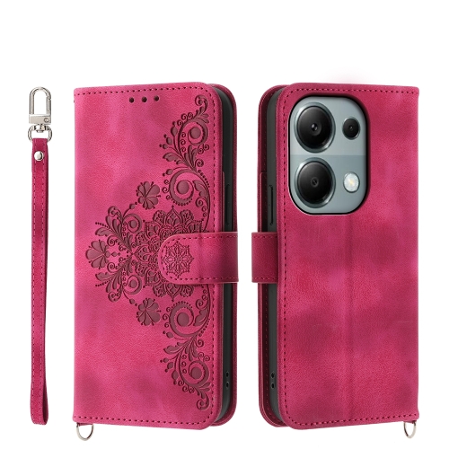 

For Xiaomi Redmi Note 13 Pro 4G Skin-feel Flowers Embossed Wallet Leather Phone Case(Wine Red)