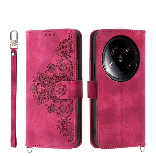 

For Xiaomi 14 Ultra Skin-feel Flowers Embossed Wallet Leather Phone Case(Wine Red)