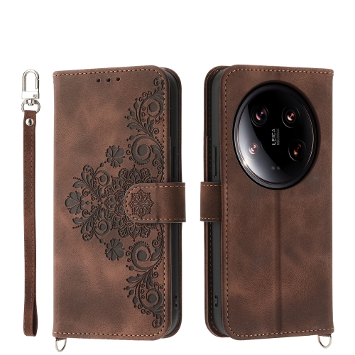 For Xiaomi 14 Ultra Skin-feel Flowers Embossed Wallet Leather Phone Case(Brown)
