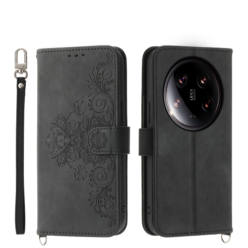 

For Xiaomi 14 Ultra Skin-feel Flowers Embossed Wallet Leather Phone Case(Black)