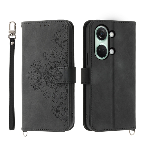 

For OnePlus Ace 2V Skin-feel Flowers Embossed Wallet Leather Phone Case(Black)