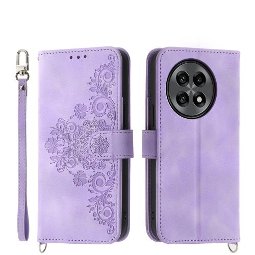 

For OnePlus 13R / Ace 5 / Ace 5 Pro Skin-feel Flowers Embossed Wallet Leather Phone Case(Purple)