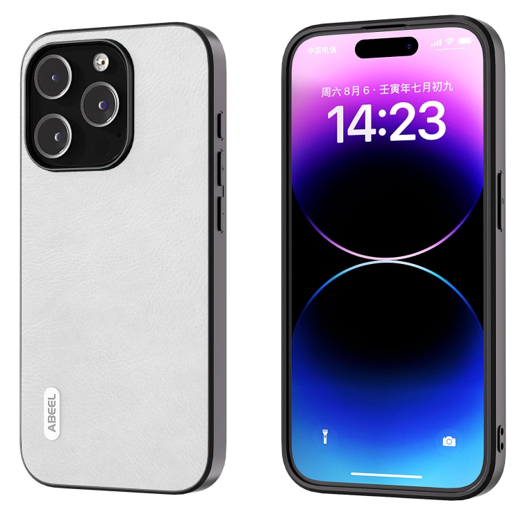 

For iPhone 14 Pro ABEEL Dual Color Lichi Texture PU Phone Case(White)