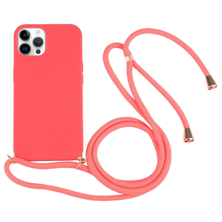 

For iPhone 15 Pro Max Wheat Straw TPU Shockproof Phone Case with Neck Lanyard(Red)