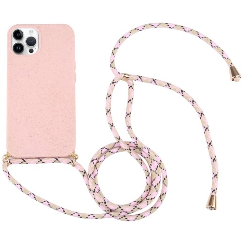 

For iPhone 15 Pro Wheat Straw TPU Shockproof Phone Case with Neck Lanyard(Pink)