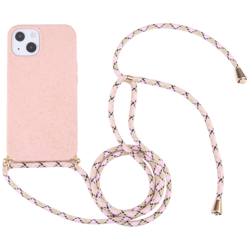 

For iPhone 15 Plus Wheat Straw TPU Shockproof Phone Case with Neck Lanyard(Pink)