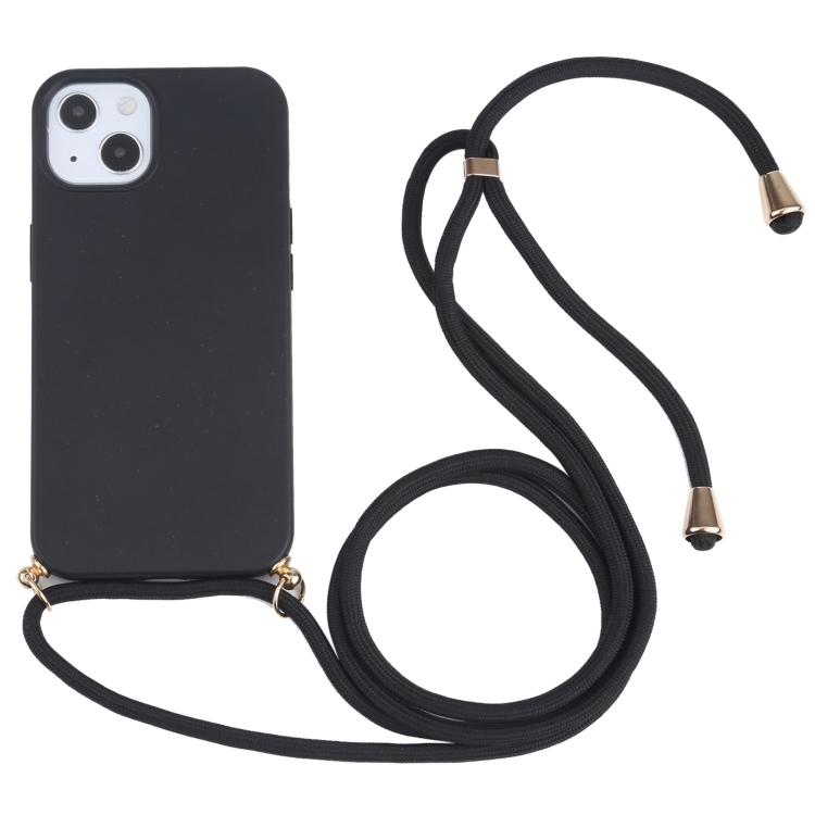 

For iPhone 15 Plus Wheat Straw TPU Shockproof Phone Case with Neck Lanyard(Black)