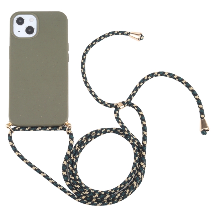 

For iPhone 15 Wheat Straw TPU Shockproof Phone Case with Neck Lanyard(Dark Green)