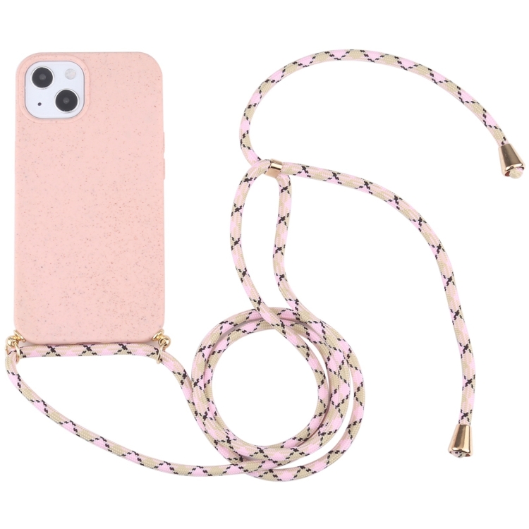 

For iPhone 15 Wheat Straw TPU Shockproof Phone Case with Neck Lanyard(Pink)
