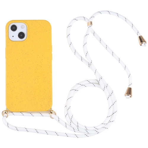 For iPhone 15 Wheat Straw TPU Shockproof Phone Case with Neck Lanyard(Yellow)