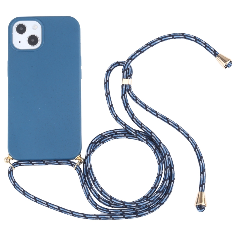 

For iPhone 15 Wheat Straw TPU Shockproof Phone Case with Neck Lanyard(Blue)