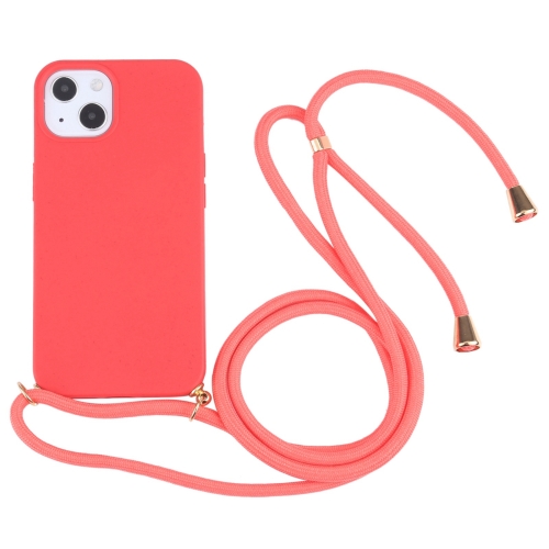 

For iPhone 15 Wheat Straw TPU Shockproof Phone Case with Neck Lanyard(Red)