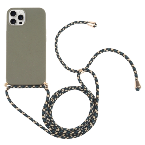 

For iPhone 16 Pro Max Wheat Straw TPU Shockproof Phone Case with Neck Lanyard(Dark Green)