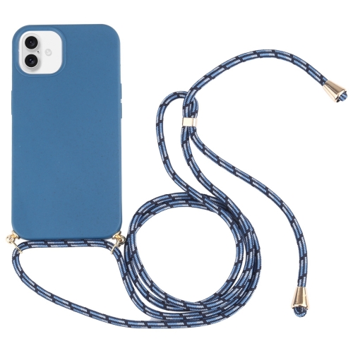 

For iPhone 16 Plus Wheat Straw TPU Shockproof Phone Case with Neck Lanyard(Blue)