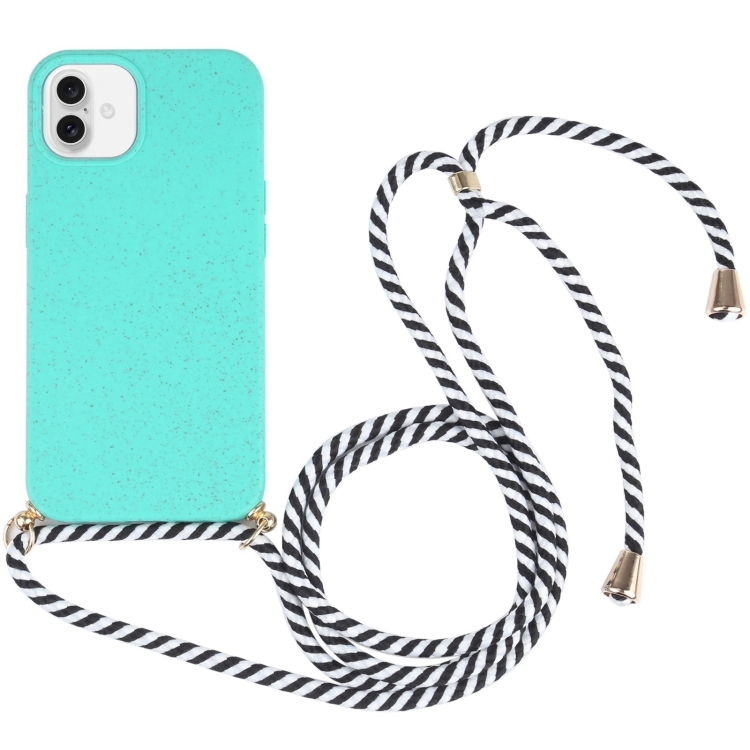 

For iPhone 16 Wheat Straw TPU Shockproof Phone Case with Neck Lanyard(Green)